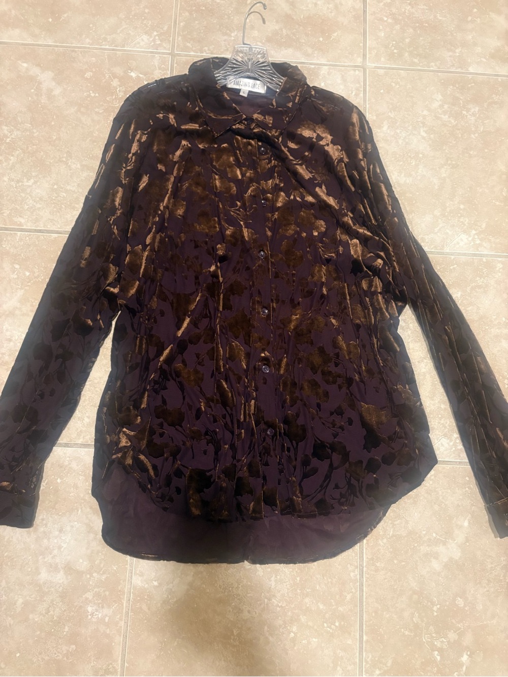 Womens Velvet Burnout Button-Up Shirt in Dark Plum and Bronze